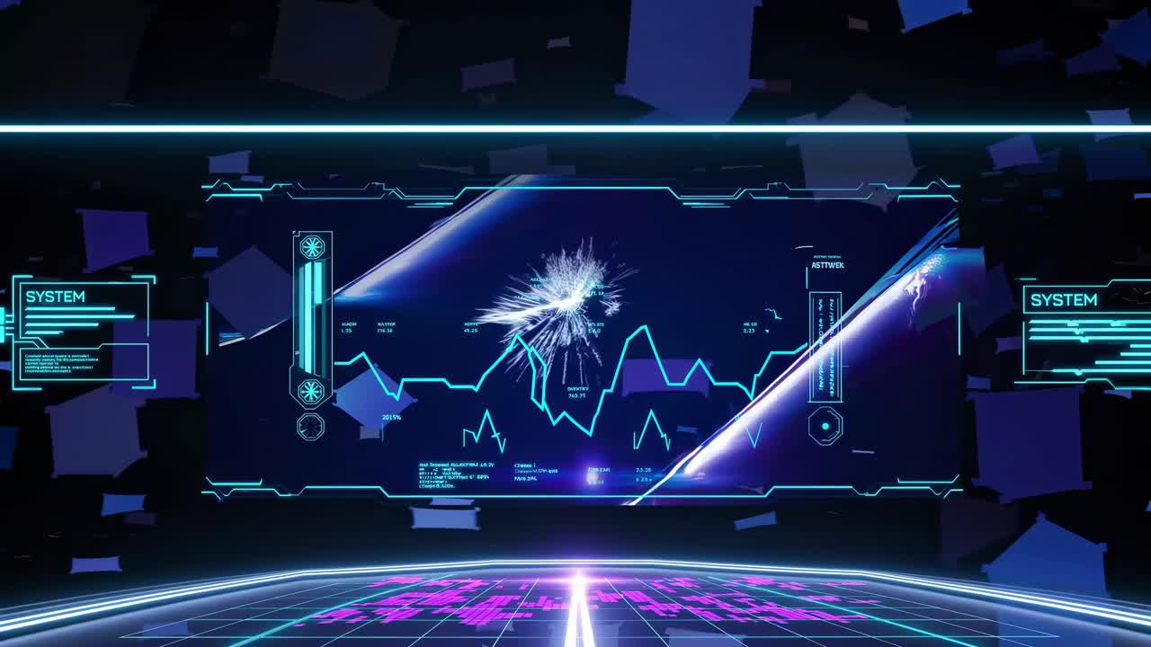 Futuristic video interface with neon graphics and digital data