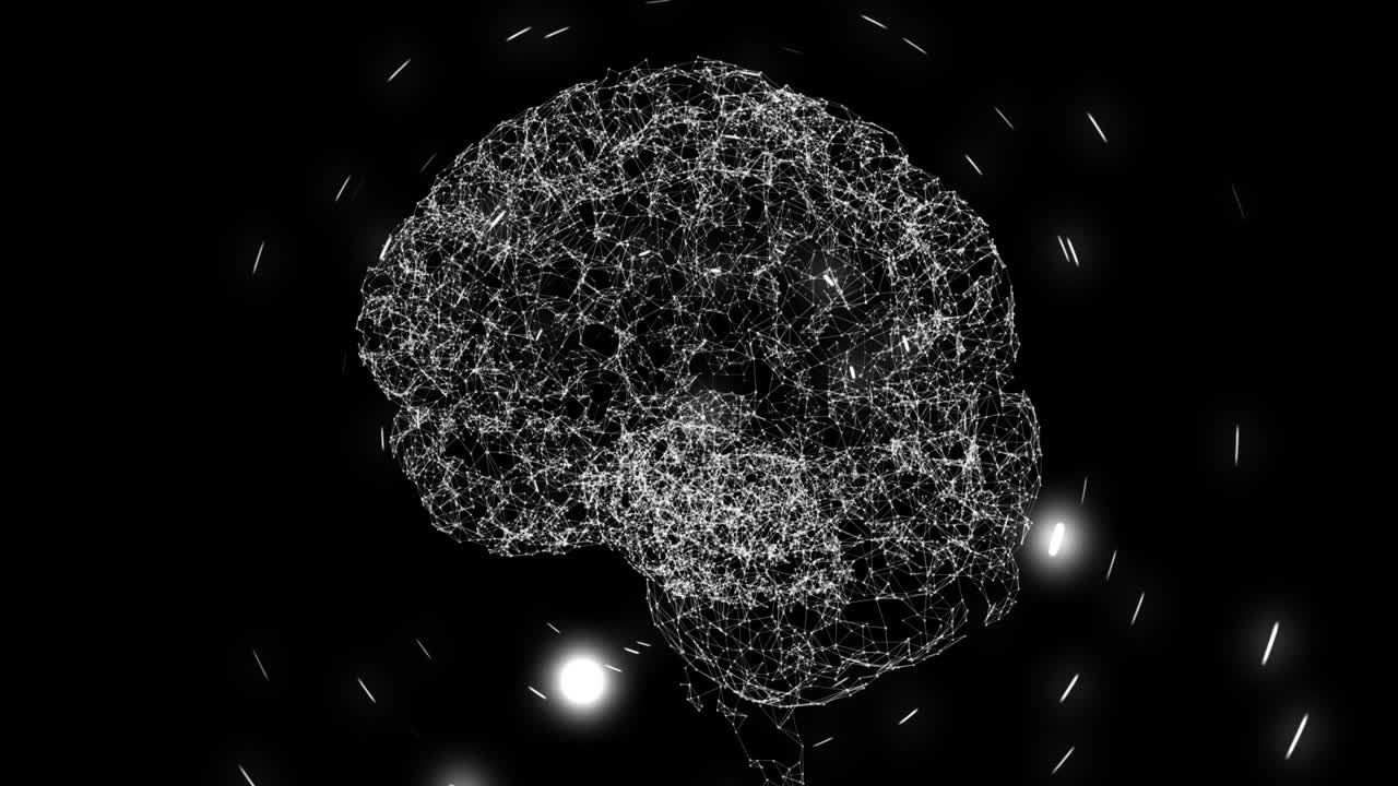 인간의 뇌 아이콘은 검은 바탕에 원형 움직임으로 움직이는 빛의 흔적에 대해 회전합니다.