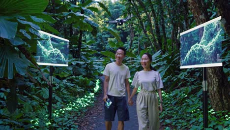 couple exploring a futuristic forest trail
