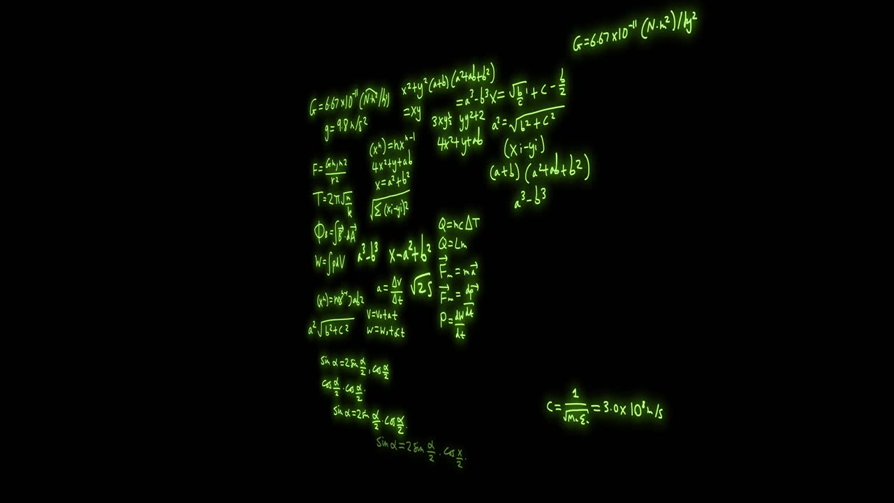 Animation of mathematical formulae and scientific data processing over black background