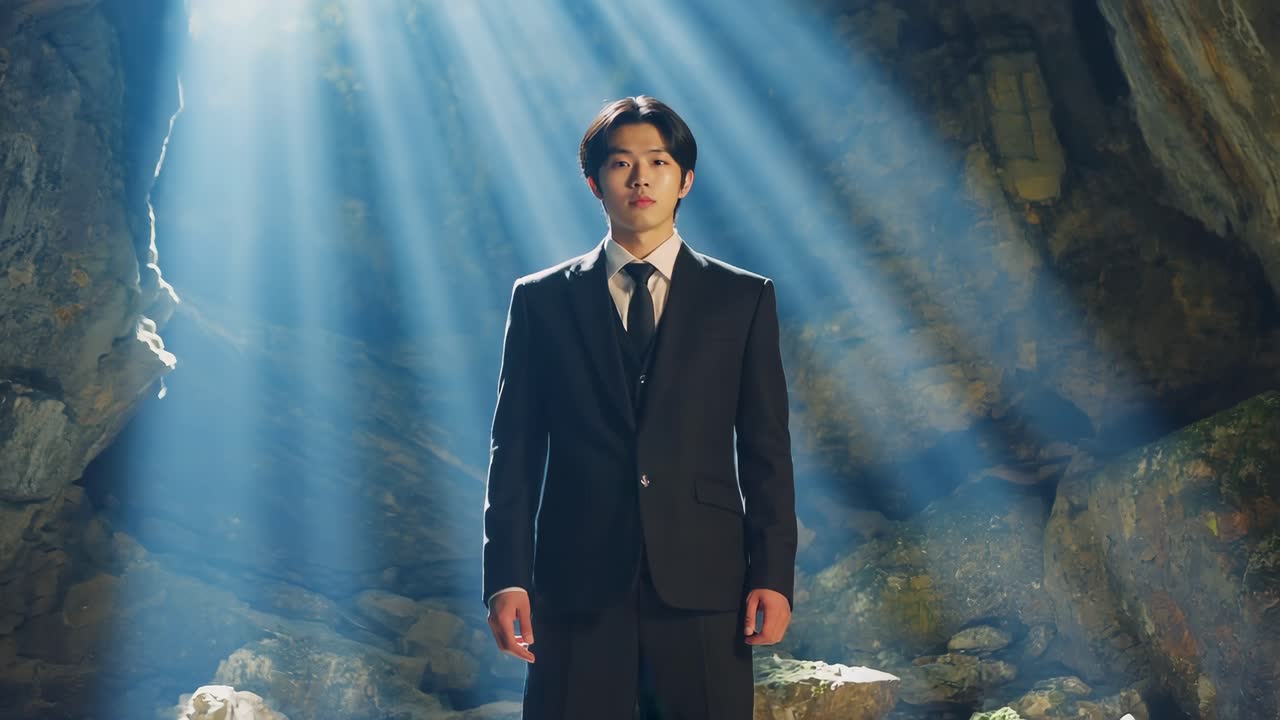 Man in suit in a cave