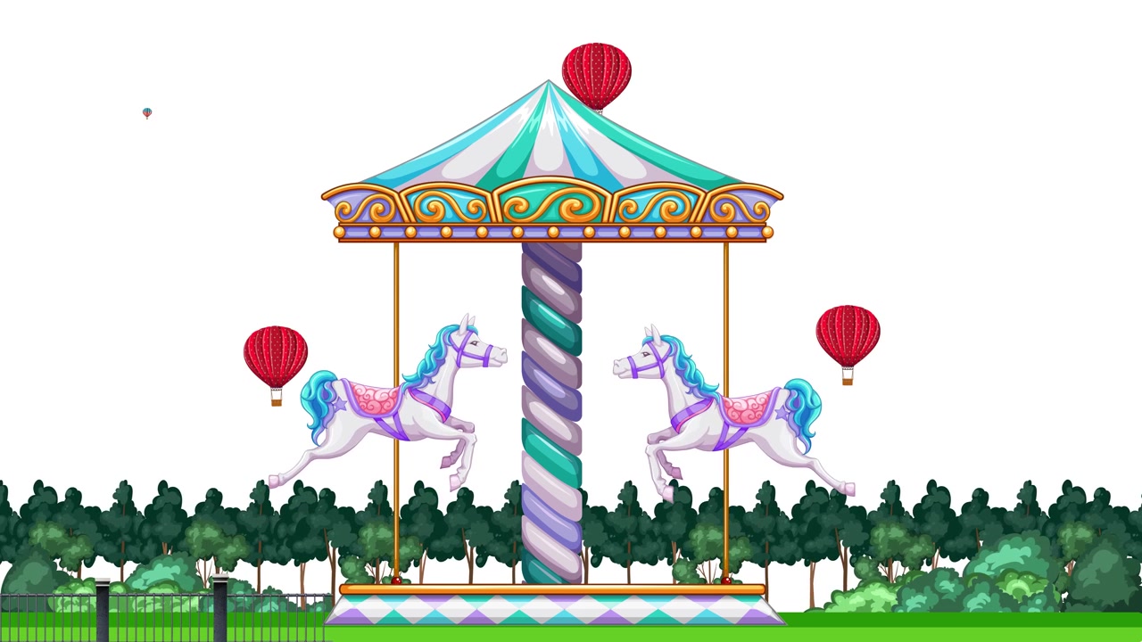 A colorful carousel spins against a white background with floating balloons and green trees