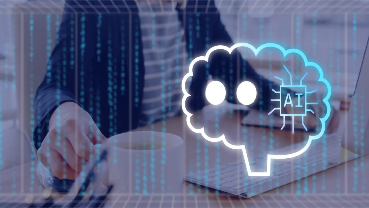 Using laptop in school, child with AI brain icon and animation overlay