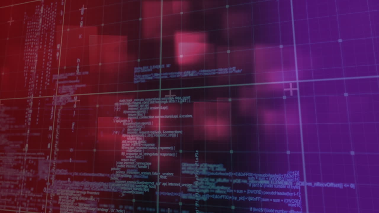 animación del procesamiento de datos digitales sobre pantallas y fondo de cuadrícula