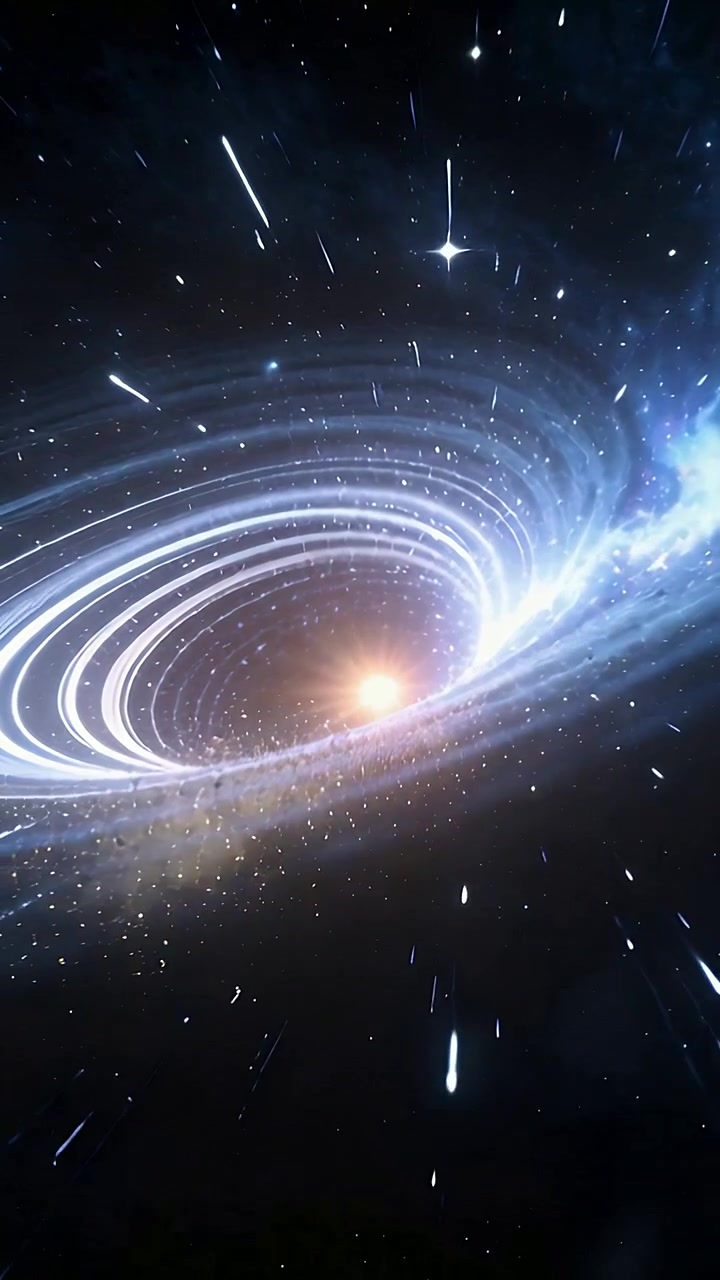 Video verticale: Spostamento della telecamera che rivela un nucleo e anelli che ruotano verso l'interno nello spazio con gas blu