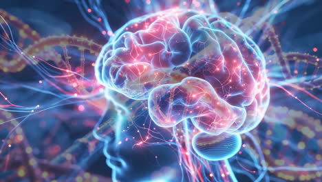 abstract representation of human brain with neural network and dna