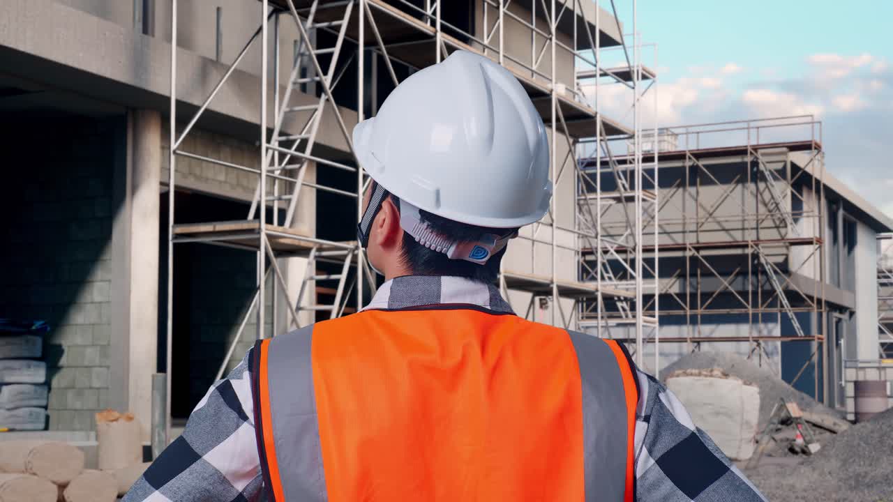 Close Up Back View Of A Male Engineer Wearing Safety Helmet Looking Around While Standing With Arms Akimbo At Building & Construction Site in Progress to New House