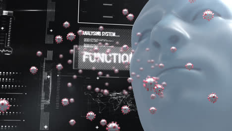 digital animation of multiple covid-19 cells floating over human face model against data processing