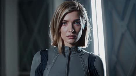 woman in futuristic gray suit