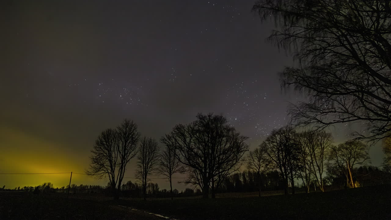Timelapse di nuvole che coprono un bellissimo cielo notturno stellato con alberi.