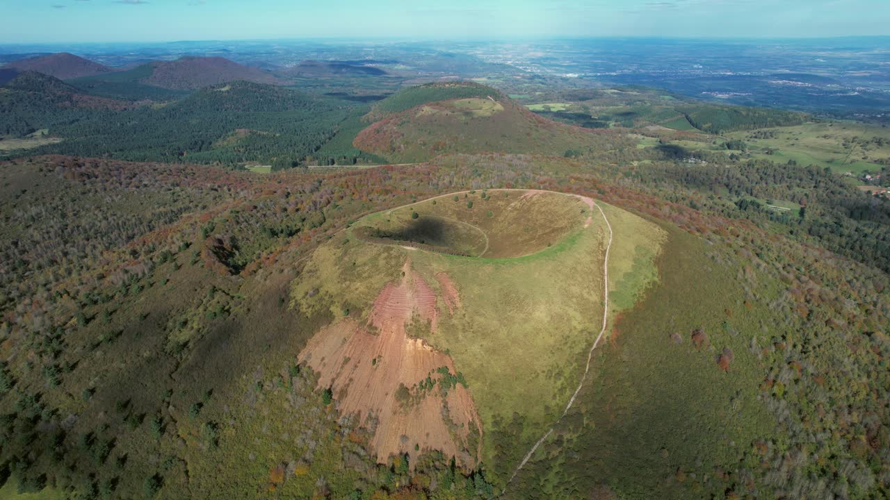 Aerial view of serene Puy de Pariou volcano near Clermont Ferrand, France