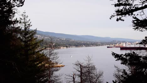 large cargo ships move in and out of vancouver port, panning shot