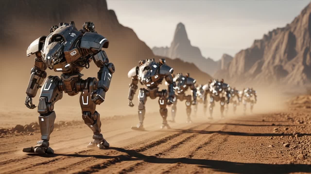 A Line of Advanced Robots Exploring a Dusty Terrain in a Futuristic Landscape, Showcasing Cutting-Edge Technology and Intricate Design in a Harsh Environment