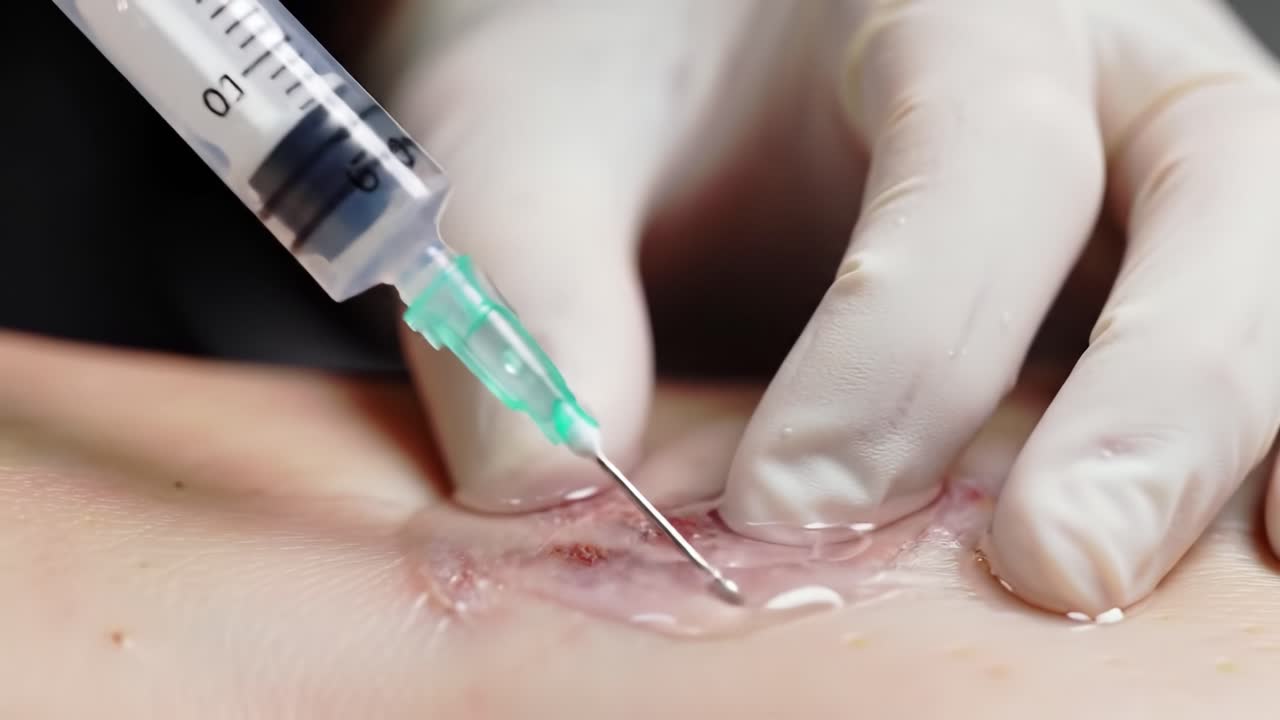 A healthcare professional administers an injection to a patient in a clinic. The focus is on the careful technique and the sterile environment during the treatment of a skin condition.