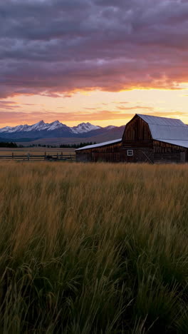rustic barn and snowy mountains at sunset