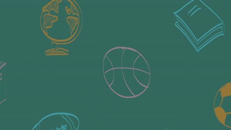 animation of school icons over green background