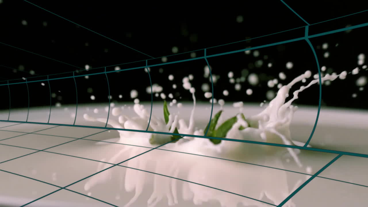Milk splashing with animation of 3D grid lines creating dynamic visual effect