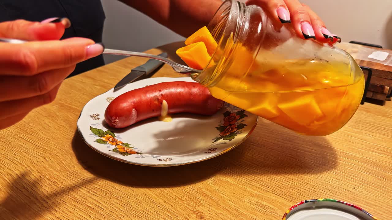 Sausage and pickles on a vintage plate capturing homely kitchen vibes