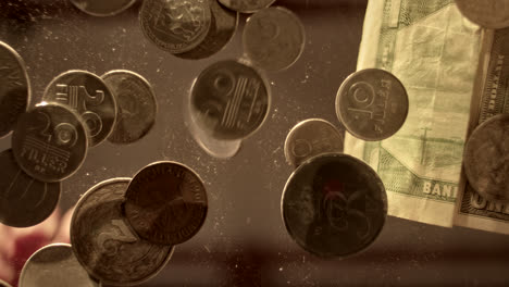 coins and banknote floating in water