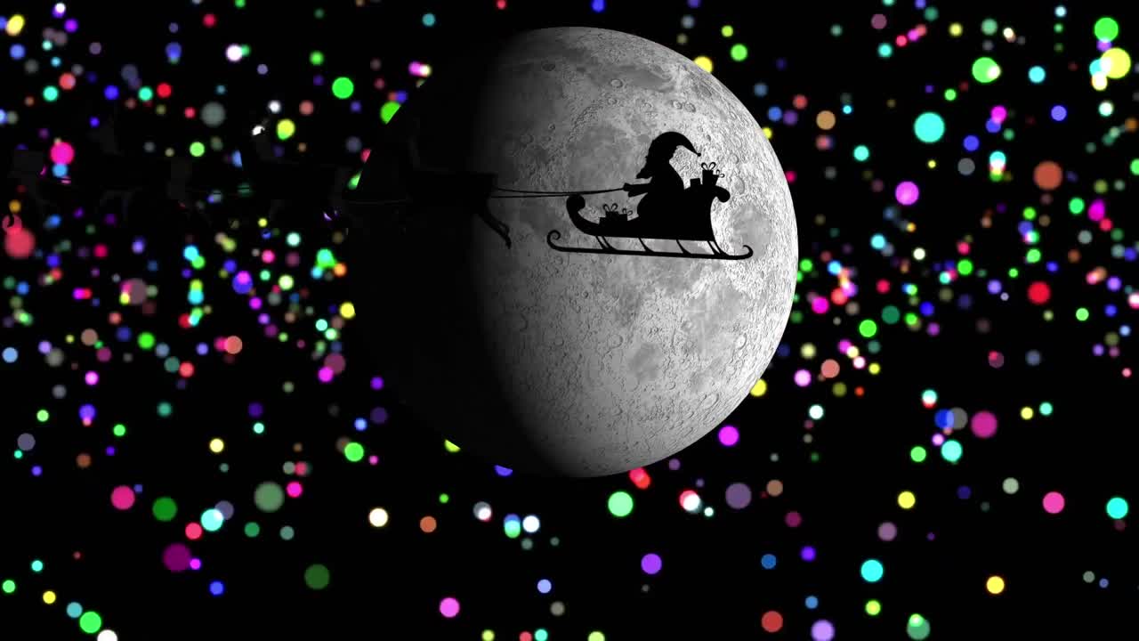 산타클로스가 달 위에 렌더와 반 ⁇ 이는 반점과 함께  ⁇ 매를 타고 있는 애니메이션