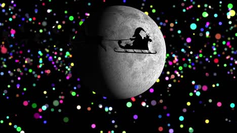 Animation-of-santa-claus-in-sleigh-with-reindeer-over-moon-and-glowing-spots