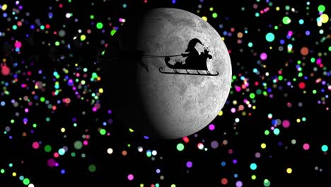 animación de santa claus en trineo con renos sobre la luna y manchas brillantes