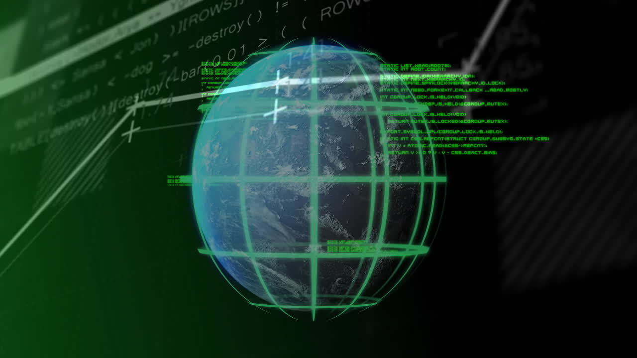 3D Earth globe rotating centrally, showing neon green grid lines with floating code and streaks