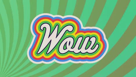 Digitale-Animation-Von-Wow-Text-Mit-Regenbogenschatteneffekt-Vor-Grünem-Radialem-Hintergrund