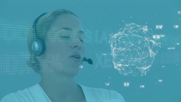 Animazione di una donna caucasica con cuffie che usa un computer, su una rete di connessioni.