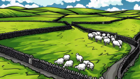 cartoon landscape of green hills with sheep and stone walls