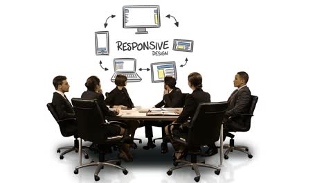 businesspeople looking at futuristic screen showing responsive symbol