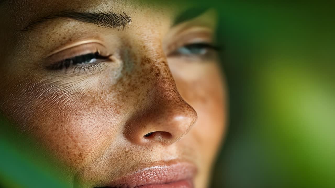 A Close-Up Portrait of a Woman Revealing Luminous Eyes and Natural Beauty, Framed by Green Leaves, Capturing the Essence of Serenity and Connection with Nature