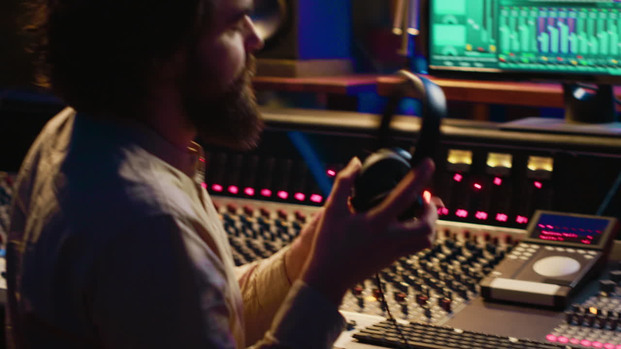 ingeniero de mezcla presionando deslizadores en la mesa de control para equilibrar las pistas