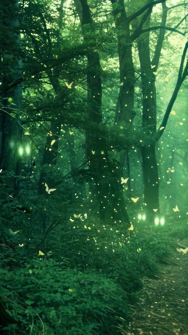A mystical forest scene with glowing butterflies and fireflies