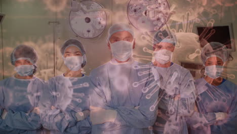 animation of virus cells floating over doctors wearing face masks