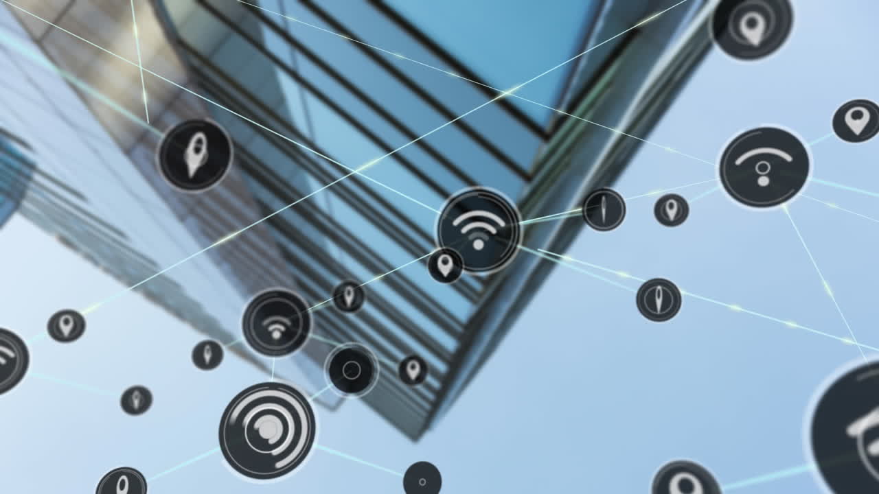 현대적인 사무실 건물 위의 아이콘과 연결 네트워크의 애니메이션