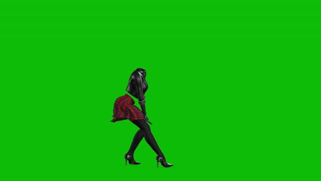 3D-invincible-woman-wearing-leather-jacket,-short-skirt-and-high-heels,-dancing-on-green-screen,-3D-animation