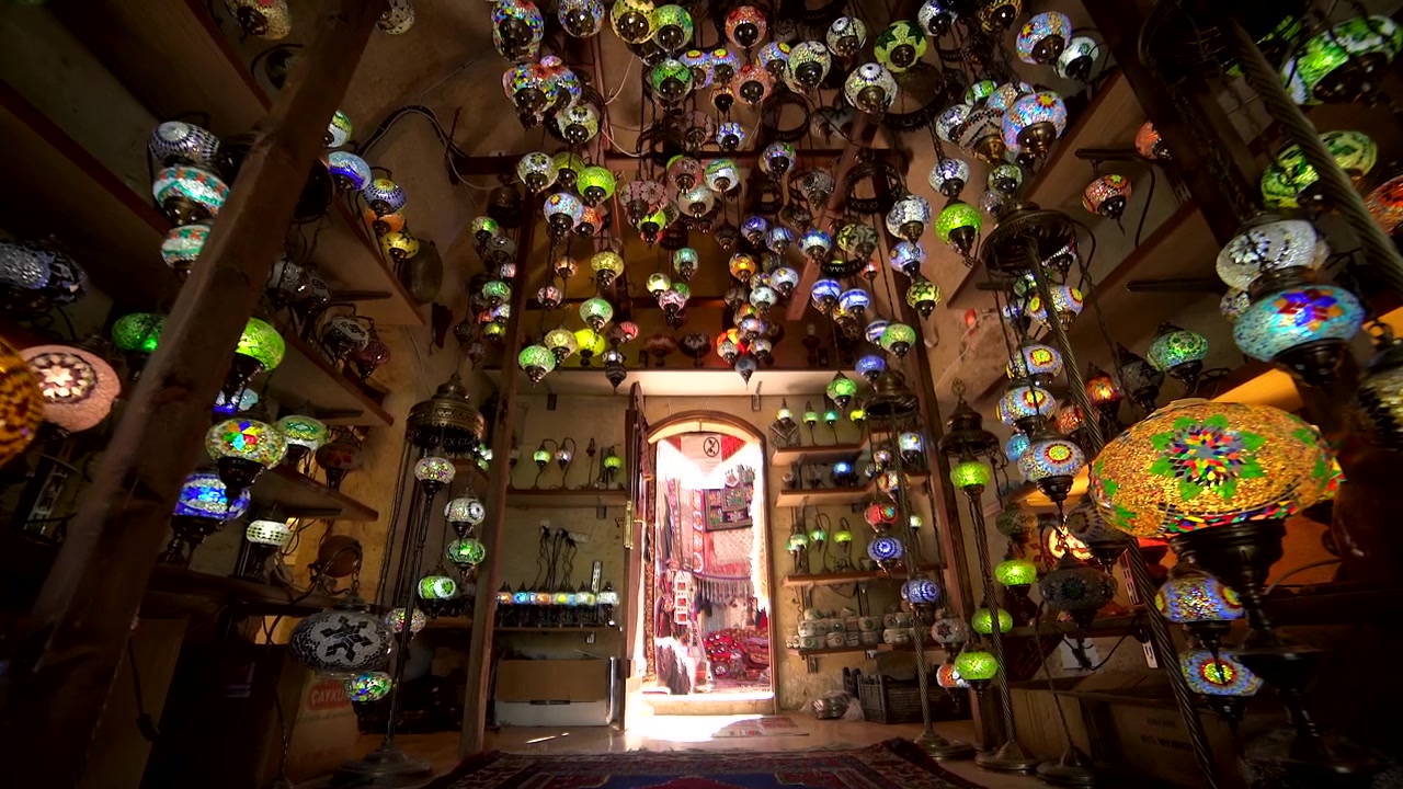 Traditional Turkish Mosaic Lamps Hanging in a Bazaar Shop