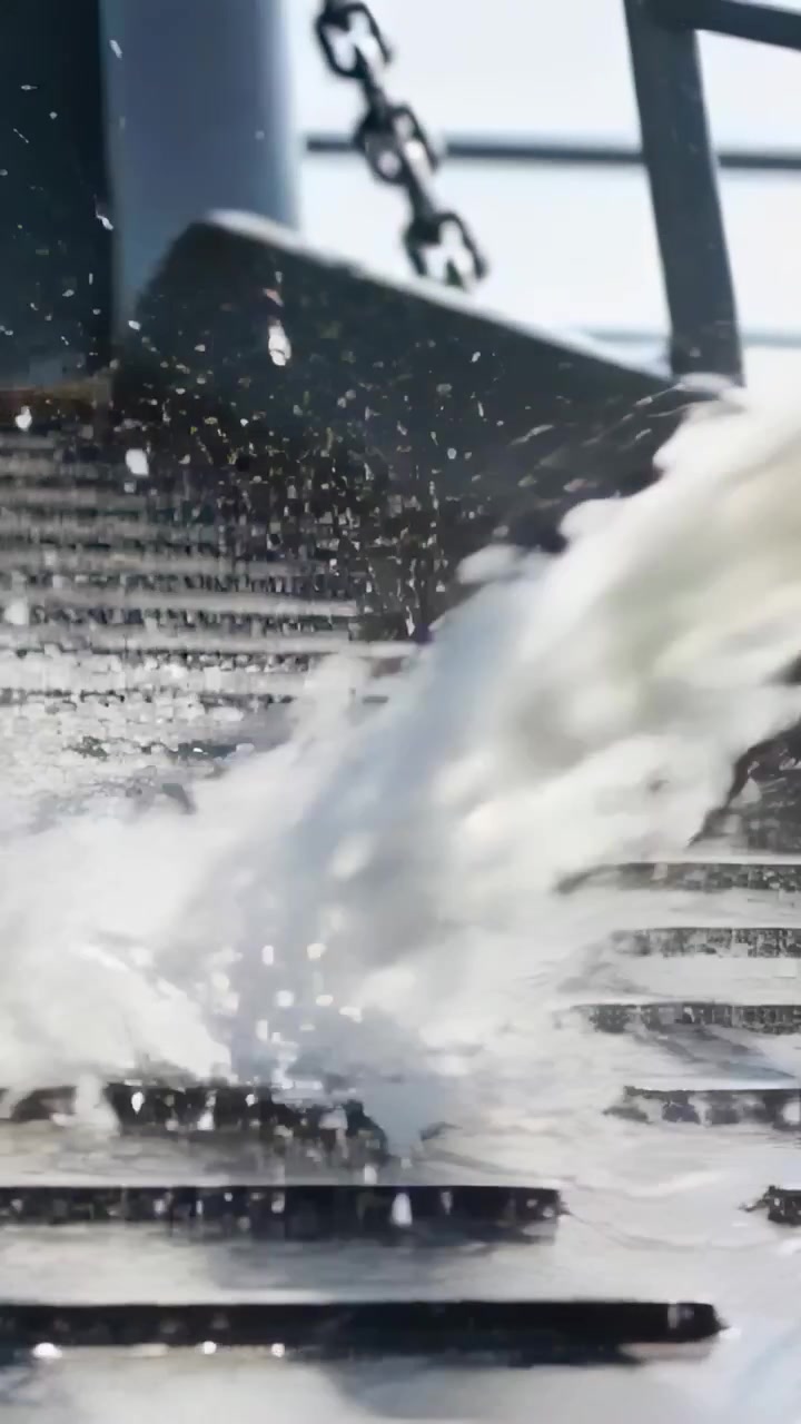 Vertical video: Valve opening, water plume from black nozzle striking deck grating, creating runoff