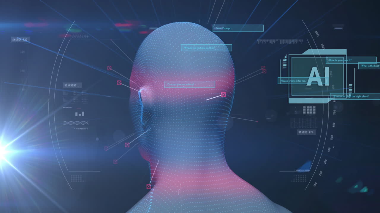 Animation of data processing and ai text over digital human spinning