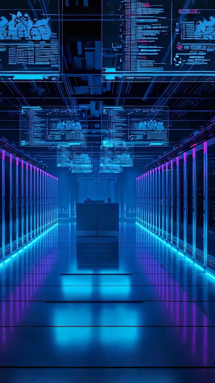 Vertical video: Powering on camera navigating data corridor in data center, with racks and displays