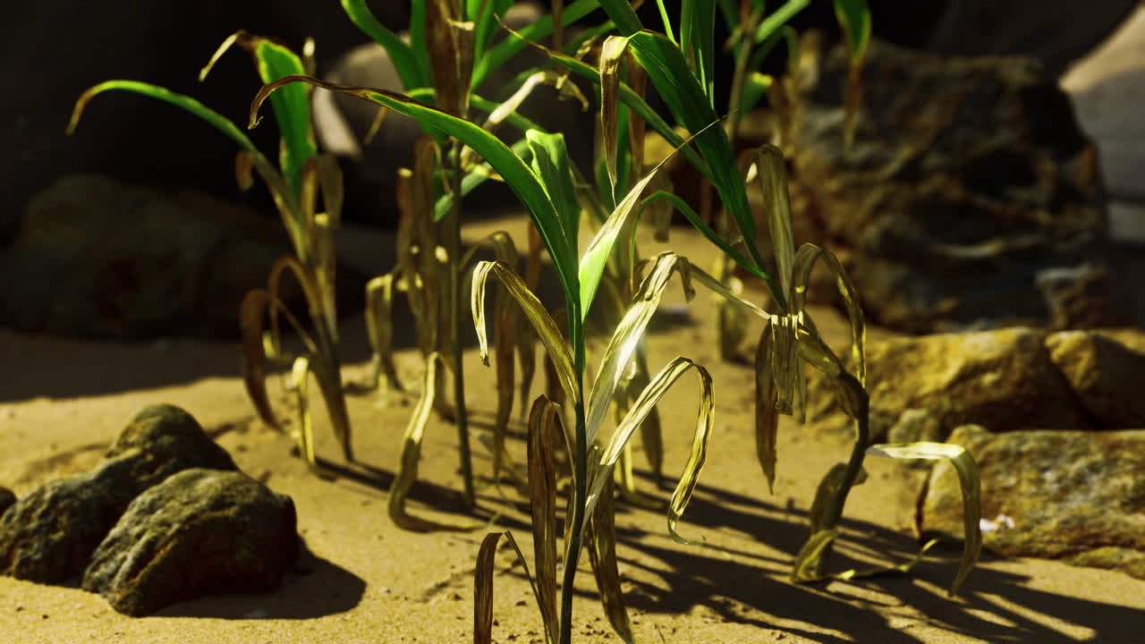 모래 해변 에 있는 초록색 식물