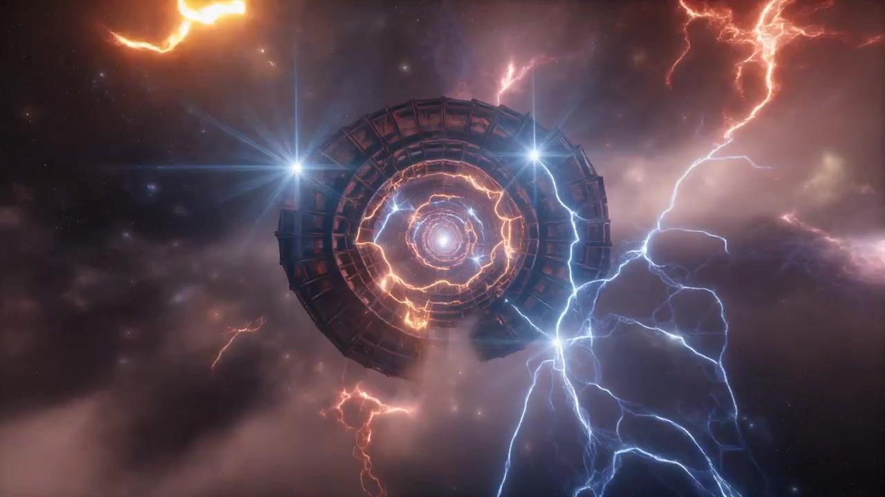 Estación espacial futurista viajando a través de un agujero de gusano de tormenta eléctrica
