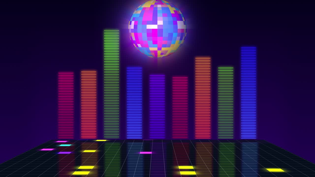 loop animation for music video. neon Disco Ball, dance floor. Audio equalizer, sound wave, levels. Background for VJ night clubs, LED screens and projectors, glamour and fashion events, disco party