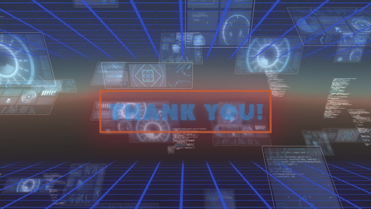 Animation of thank you in digital abstract space with screens