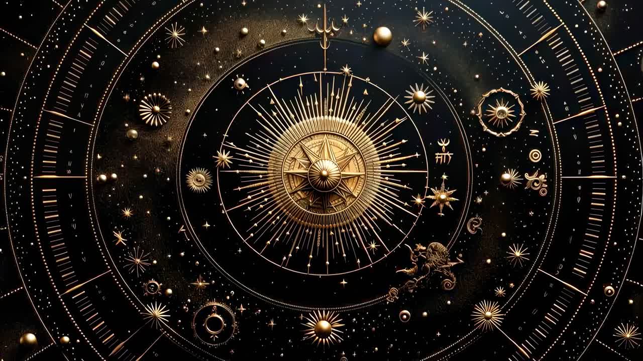 A celestial-themed video background featuring a top-down view of intricate golden astrological