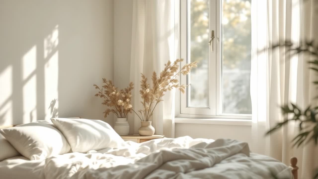 Cozy bedroom featuring soft, rumpled bedding and natural light streaming through a window, complemented by decorative plants and dried flowers, creating a serene and inviting atmosphere