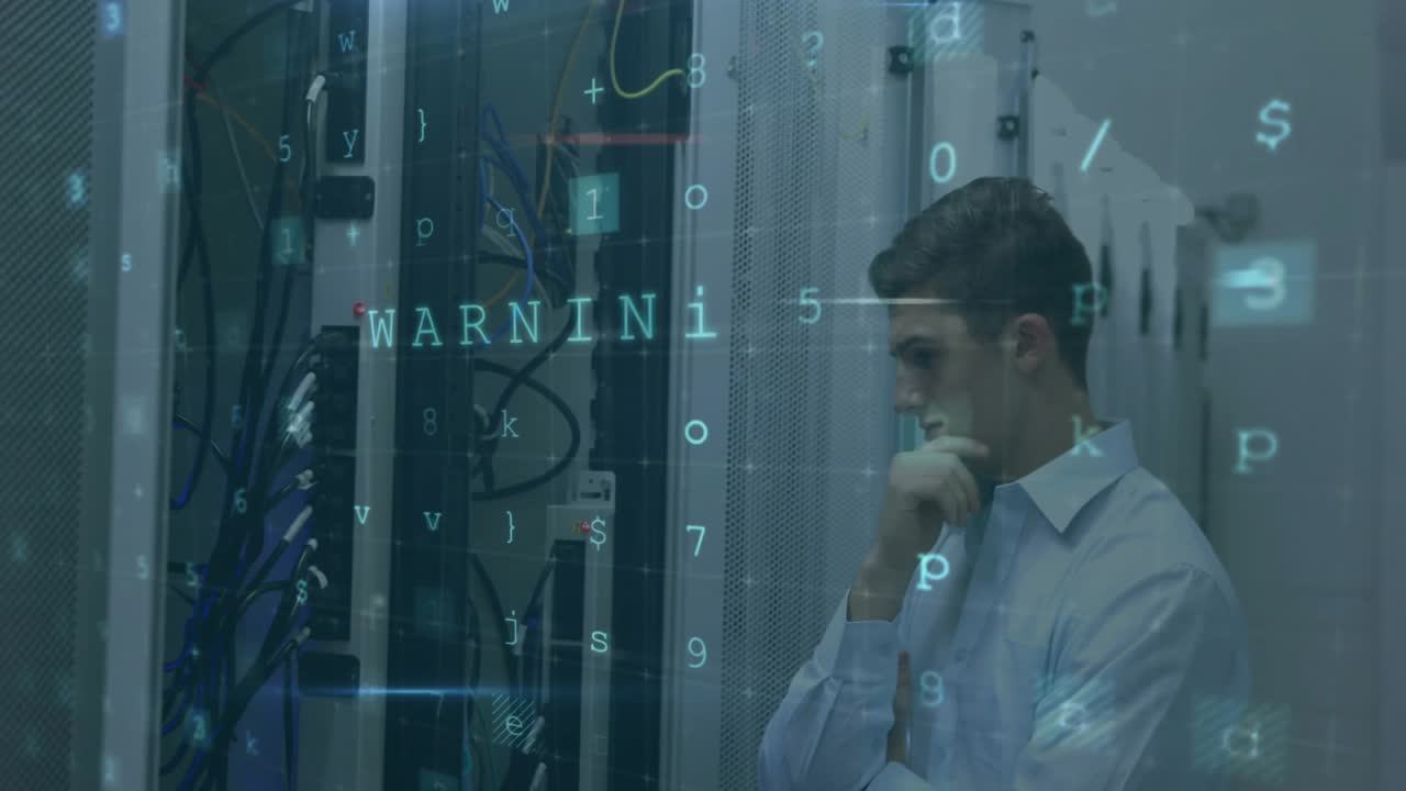 IT technician touching rack scanning code detecting malware firewall breach revealing cyberattack