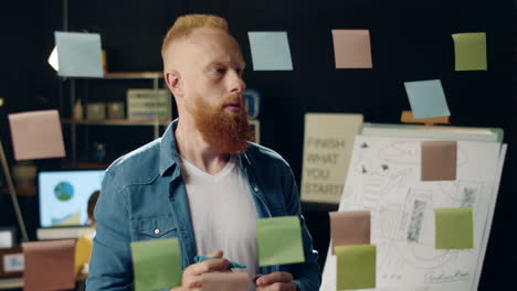 Hipster guy with marker making tick on sticker