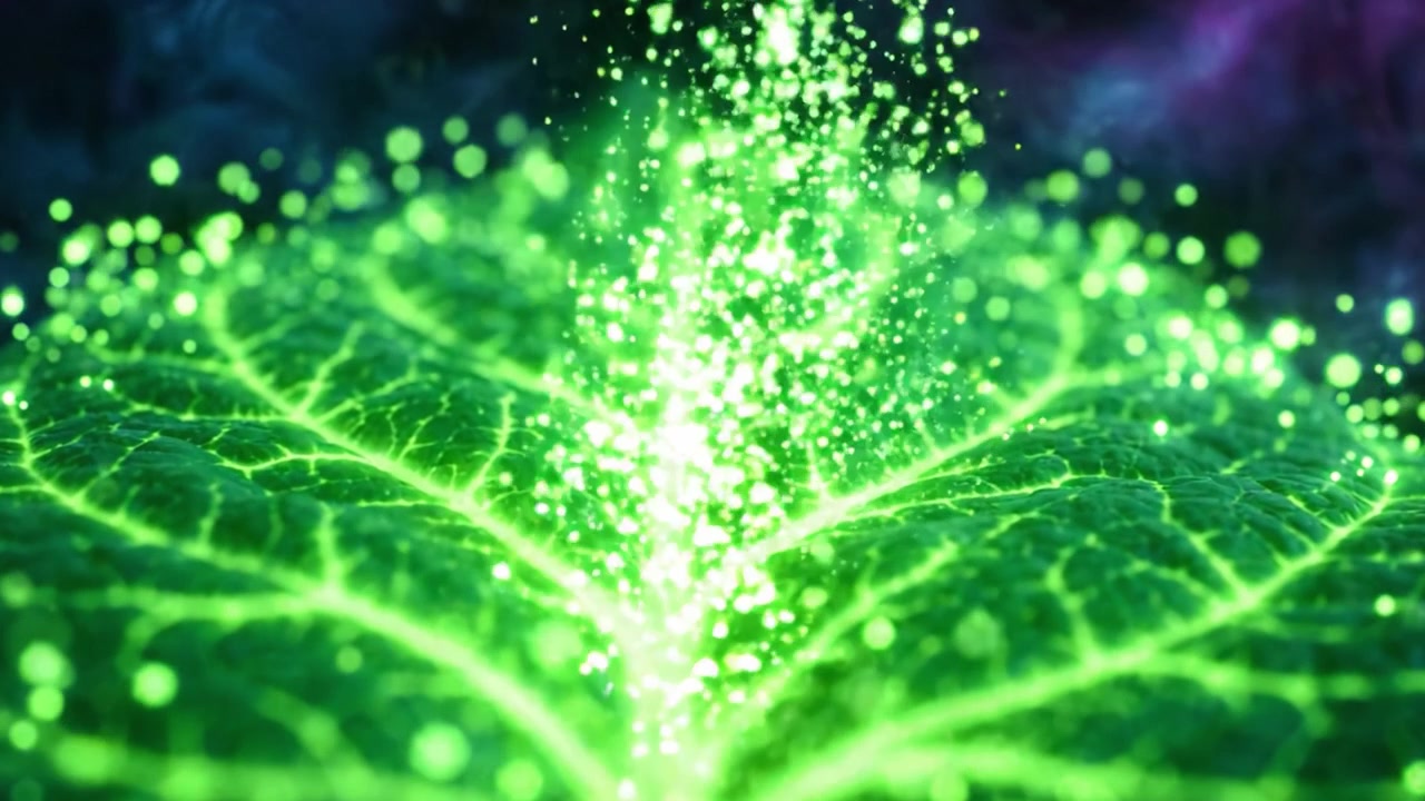 幻想的な背景に、複雑な葉脈と神秘的な粒子が光り輝く葉のクローズアップ。自然の緑の美しさを際立たせる。